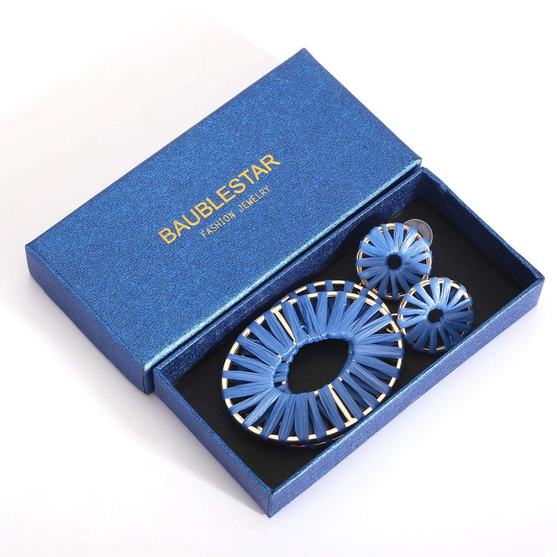 BaubleStar Kiera Raffia Tassel Fringe Rattan Hoop Drop Statement Earrings for Women Blue Tiered Thread Handmade Round Oval Cirle Dangle Fashion Jewelry - Image 5